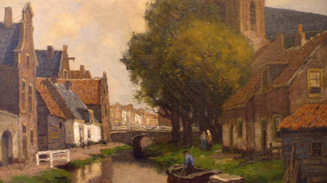 Schilderij Oude Kerk aan de Dorpsstraat Zoetermeer gezien vanaf de Delftse Wallen van J.K. Leurs, eind 19e eeuw