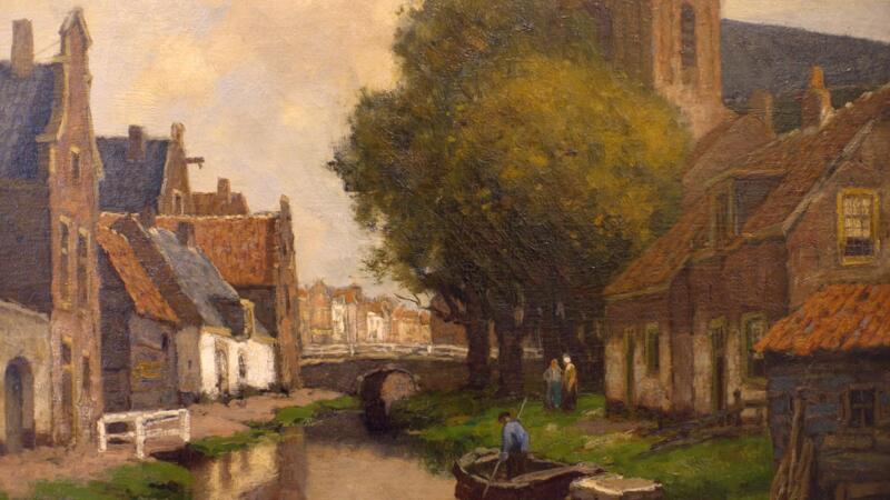 Schilderij Oude Kerk aan de Dorpsstraat Zoetermeer gezien vanaf de Delftse Wallen van J.K. Leurs, eind 19e eeuw