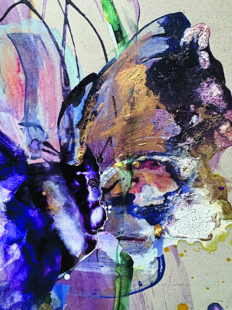 Detail schilderij pigmenten inkt op leer purple botanic