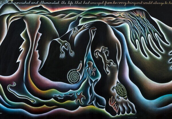 Judy Chicago, In the Beginning (detail), uit het project Birth Project, 1982 Prismacolor op papier, 165,1 × 988,06 cm © Judy Chicago / Artists Rights Society (ARS), New York; foto © Donald Woodman / ARS, NY Courtesy of the artist